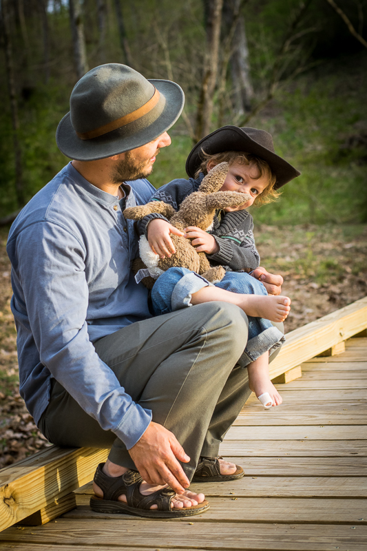 Father and son with his stuffed bunny at Baker Creek Preserve.