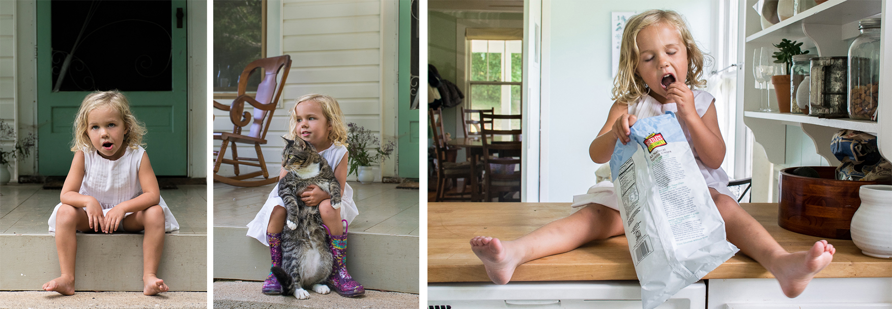 Collage of a small girl playing at her farm house with her cat.