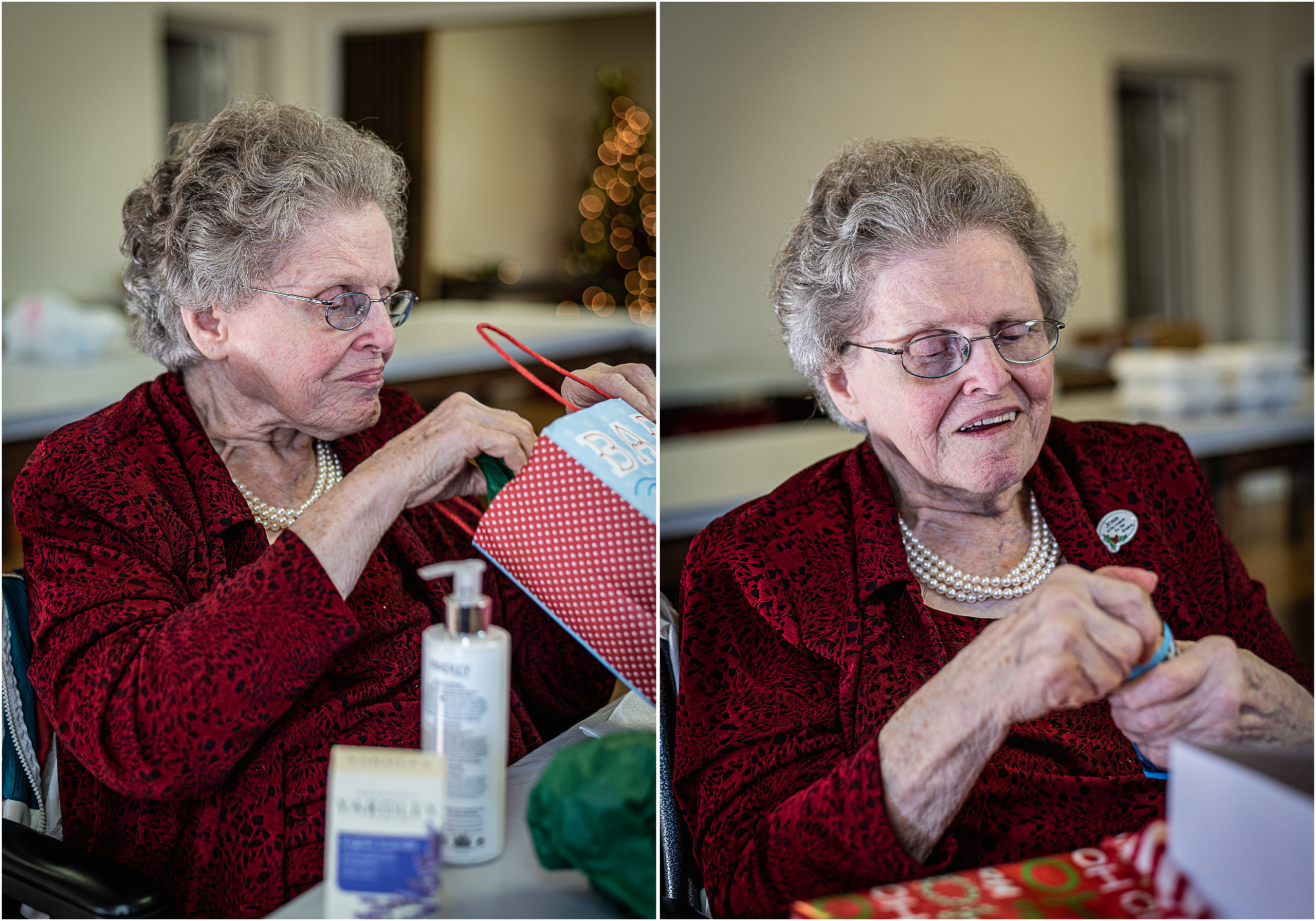 A collage of my grandmother opening gifts on Christmas day.