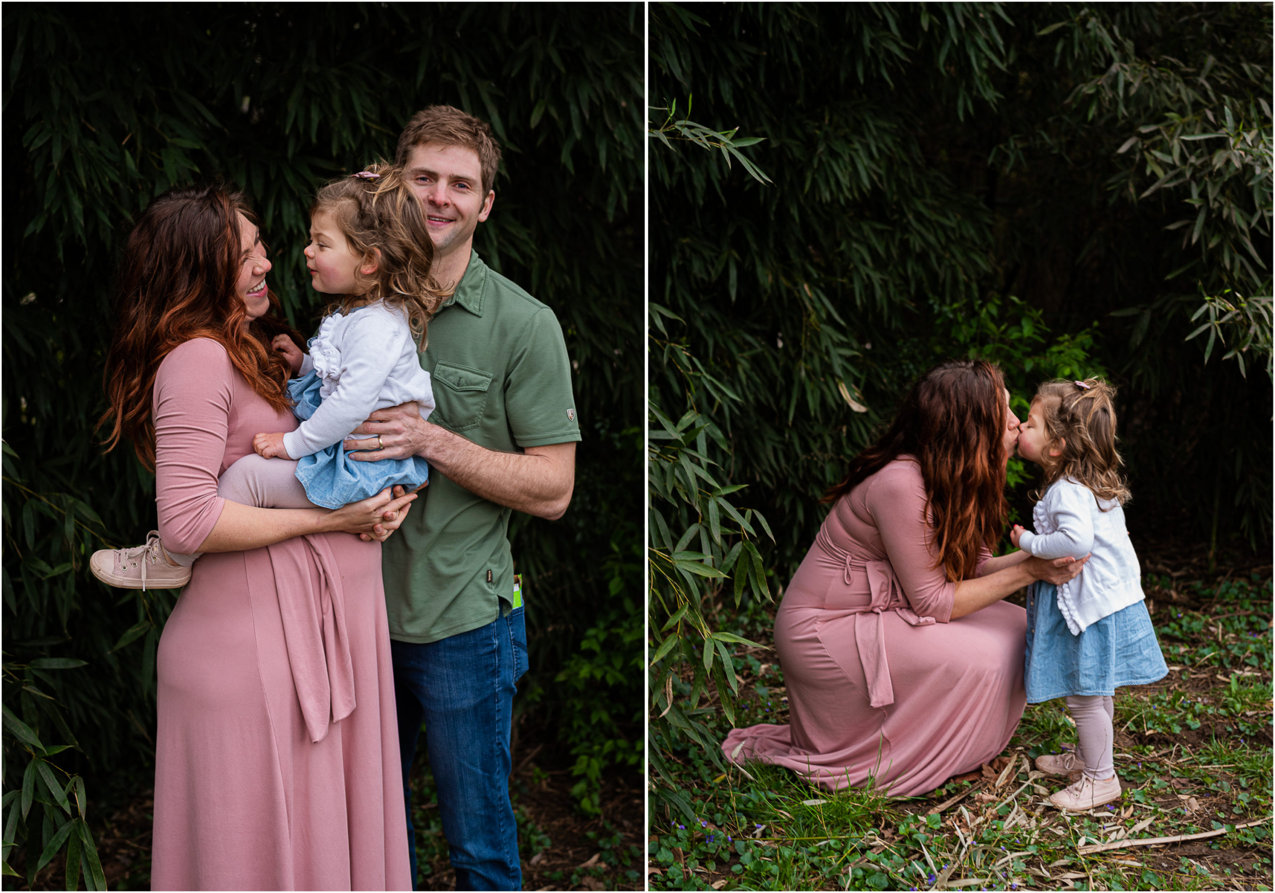 Maternity photos with a woman and her family in a lush green garden.