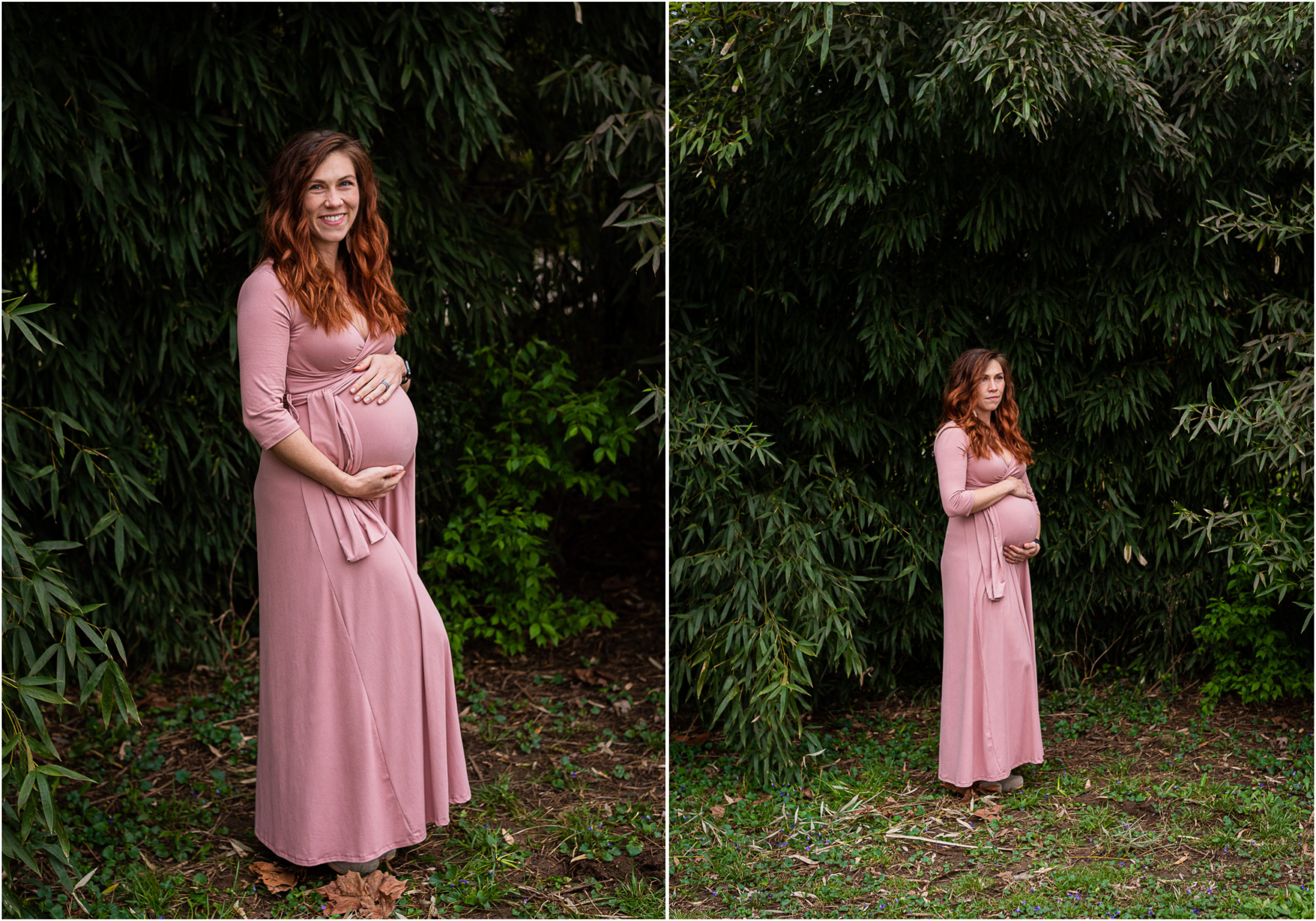 A pregnant woman holds her belly in a lush garden.