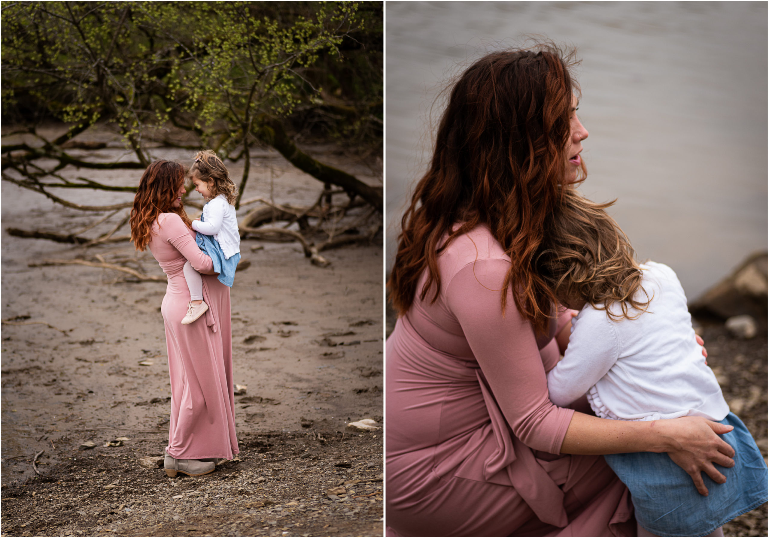 Maternity photos with a woman and her family along the Tennessee River shoreline.