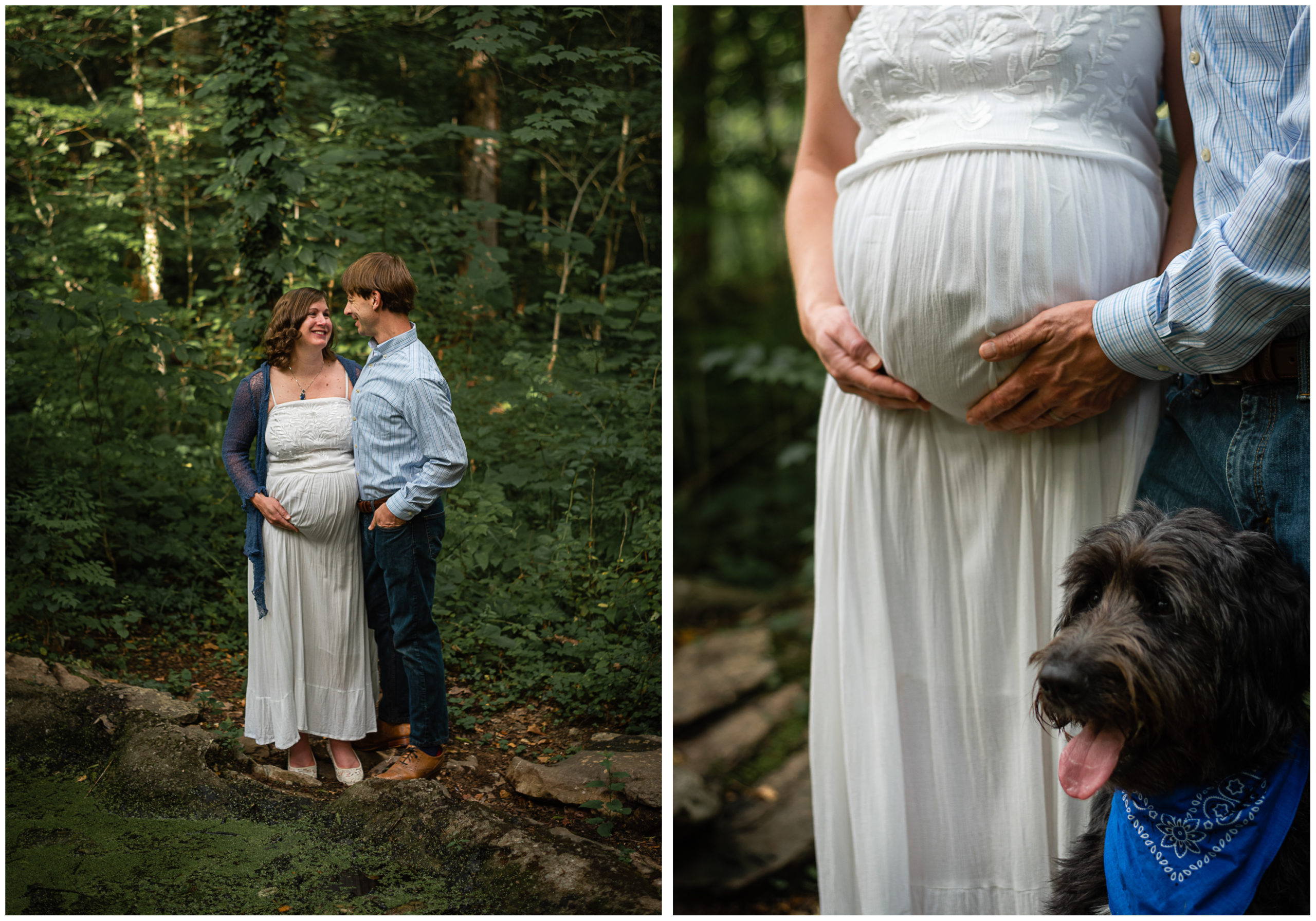 A collage of an expecting couple and their large black dog.