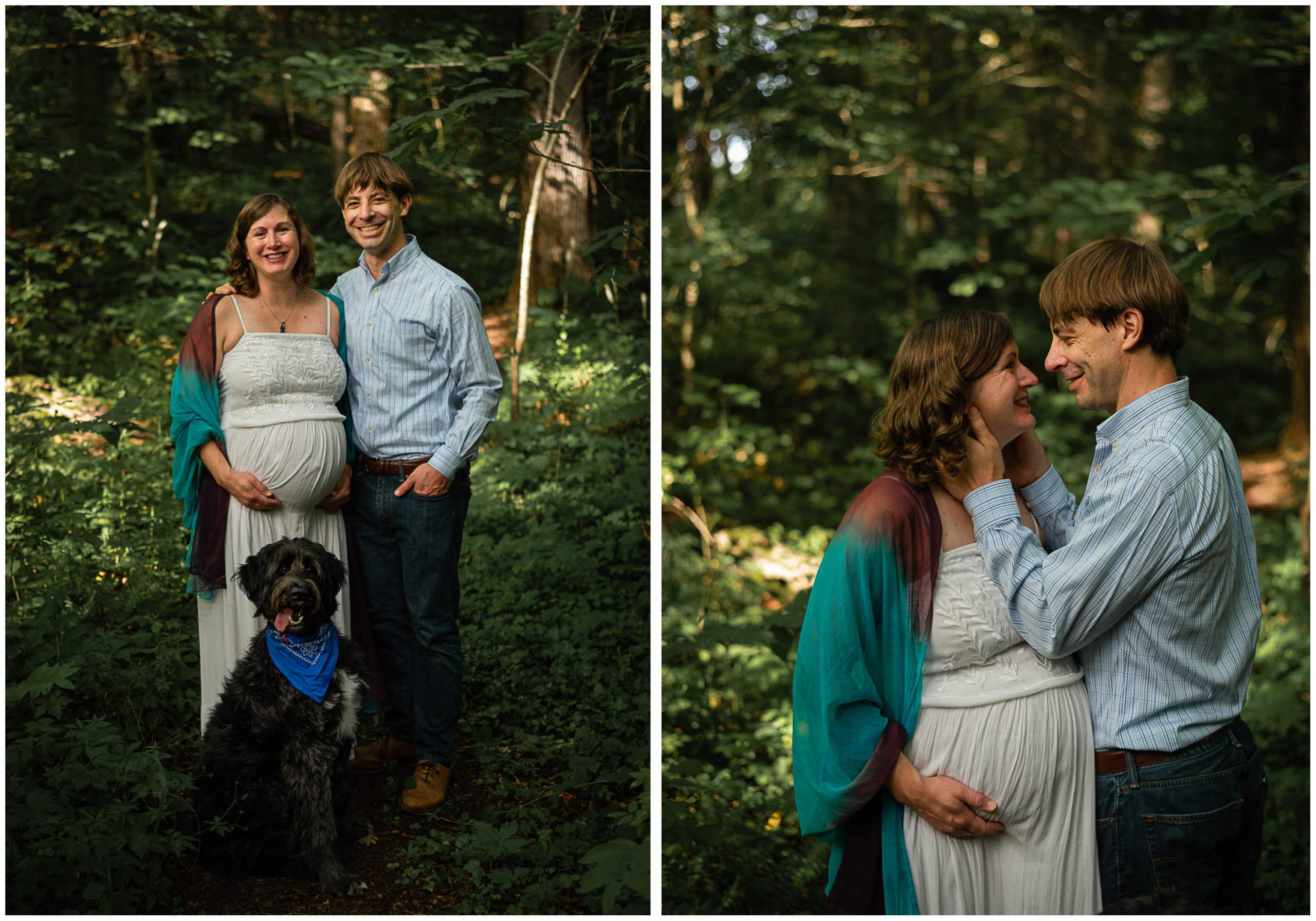 Maternity photos of a couple and their large black dog.