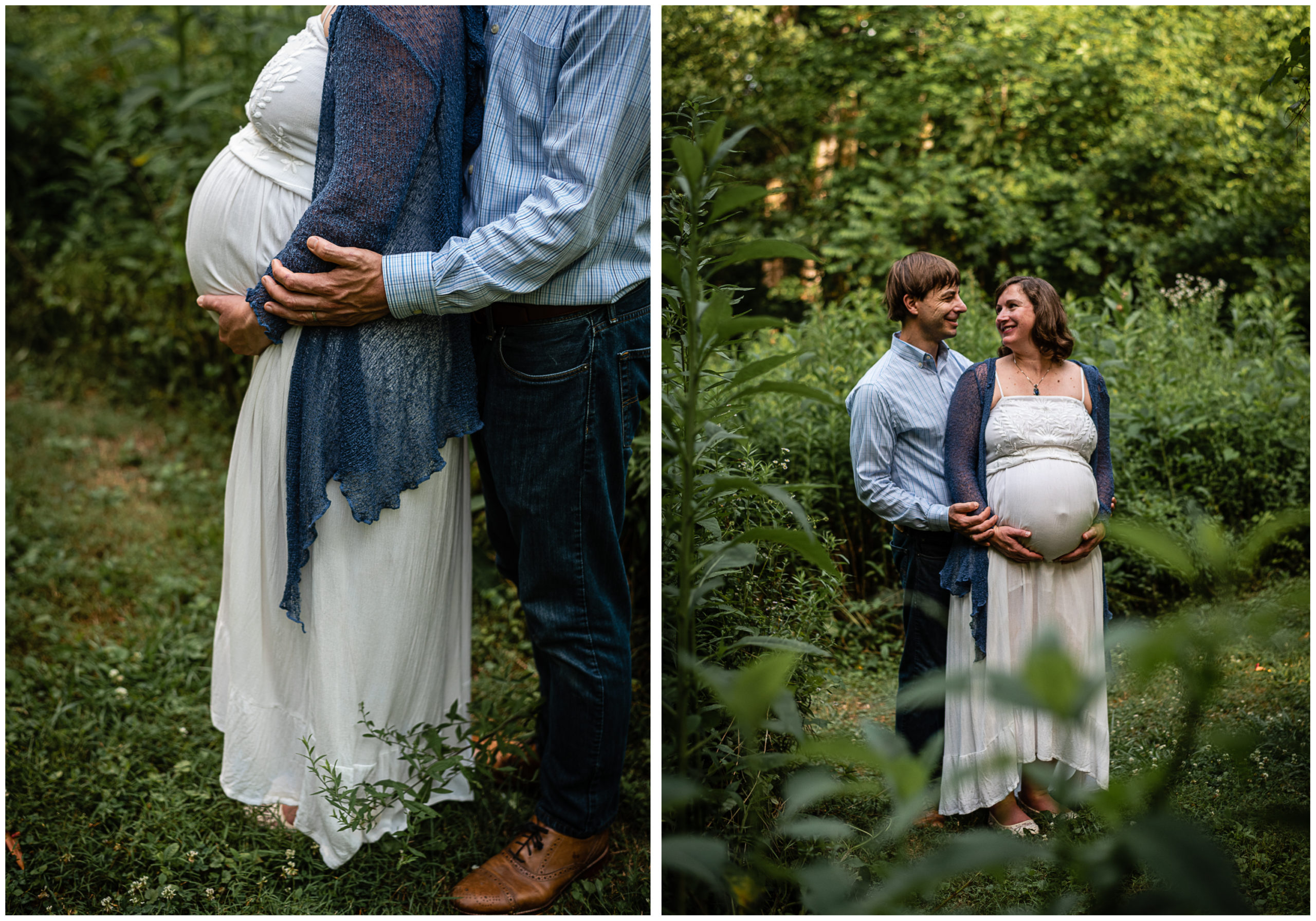 Collage of a couple posing for maternity photos in a lush green field.
