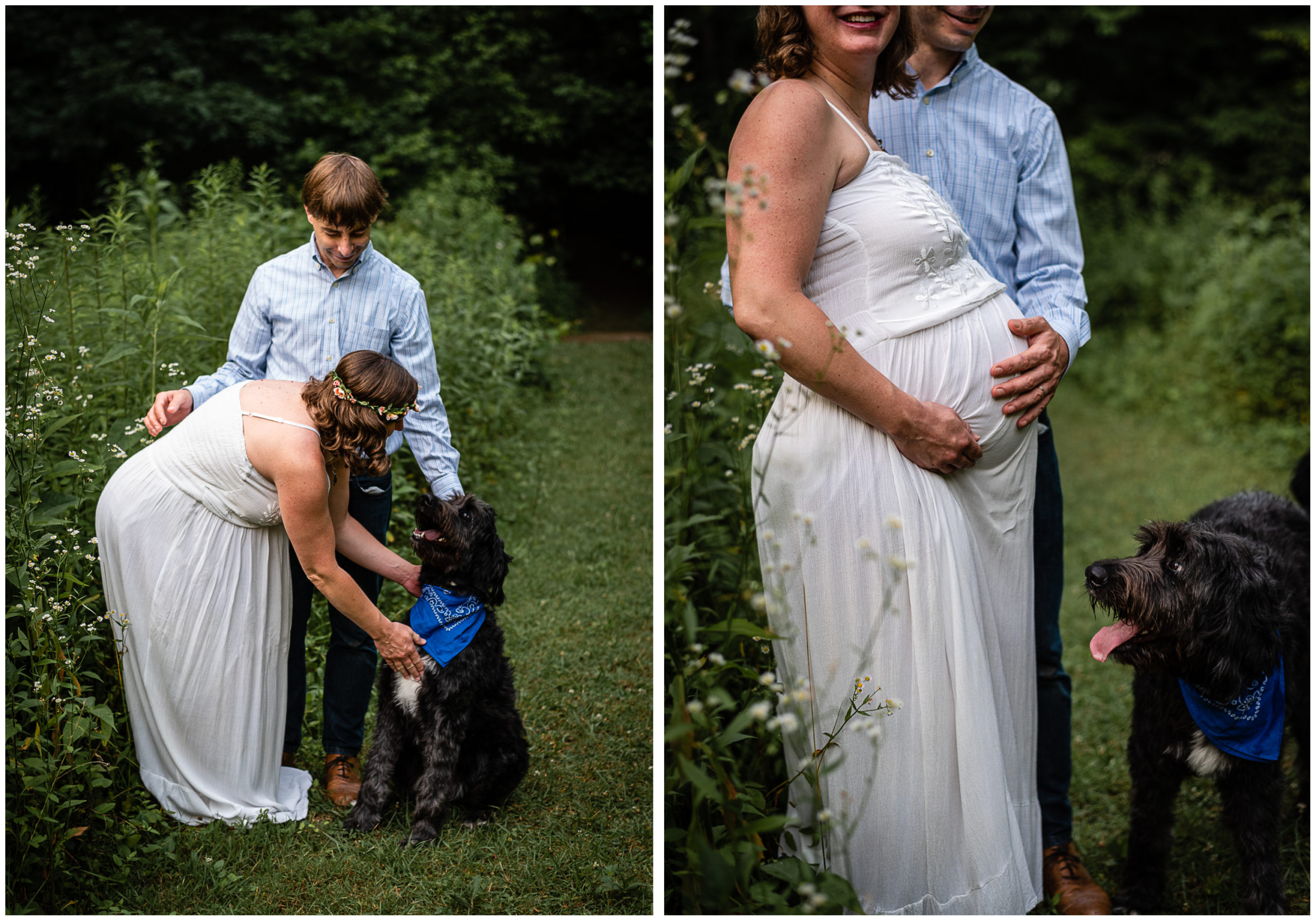 Collage of a couple and their large black dog posing for maternity photos in a lush green field.