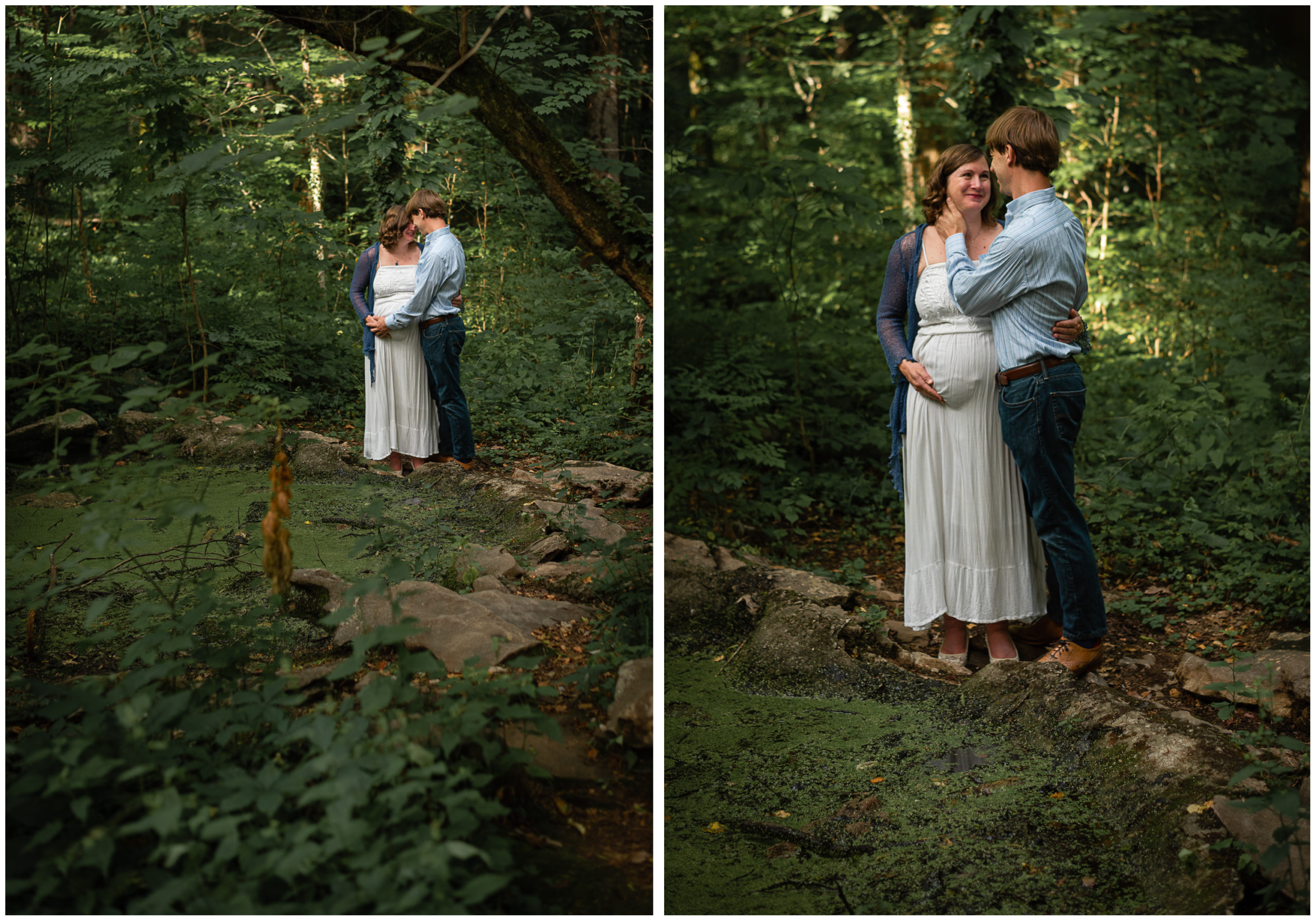Collage of a couple posing for maternity photos in a lush forest.