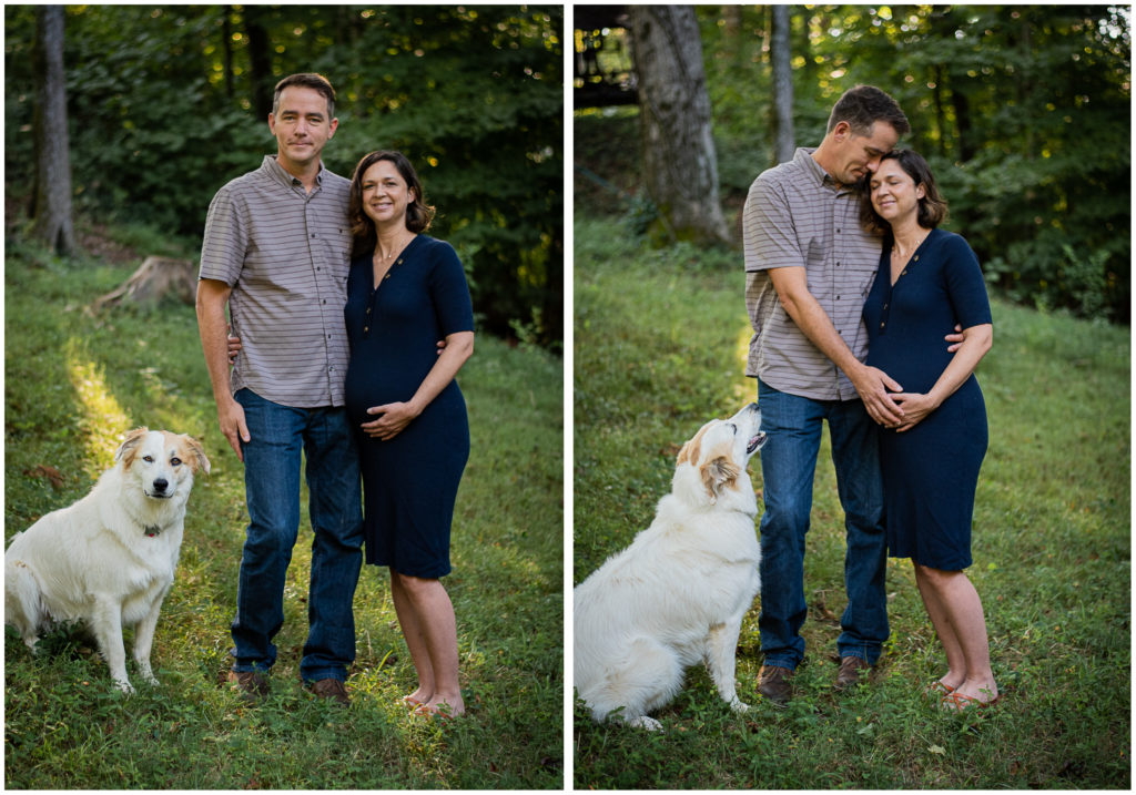 A collage of a pregnant woman and her husband embracing in the woods with their dog.