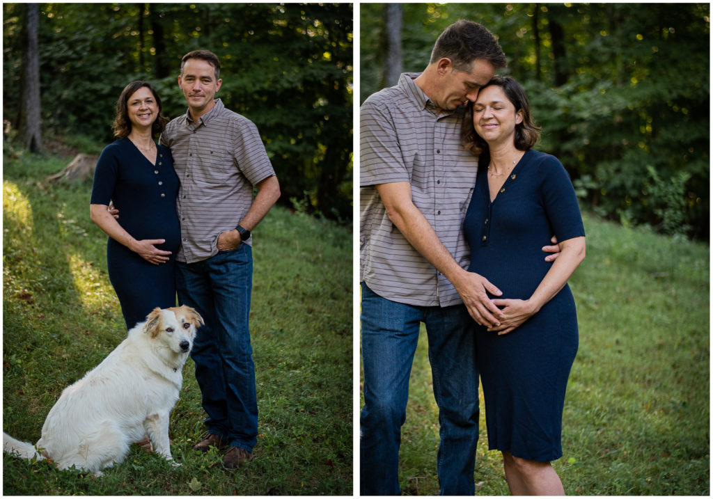 A collage of a pregnant woman and her husband embracing with their dog.