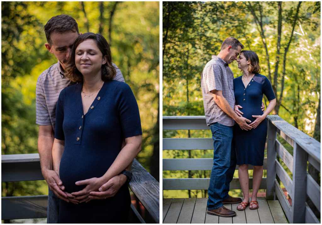 A collage of a pregnant woman and her husband embracing on their deck.