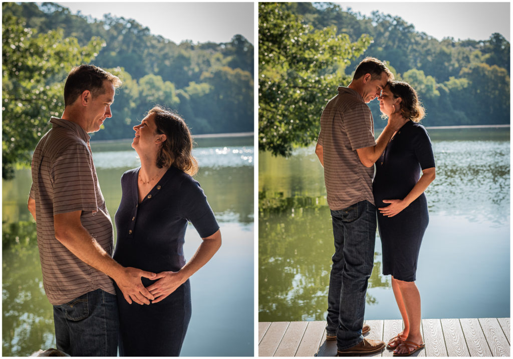 A collage of a pregnant woman and her husband embracing in the sunshine.