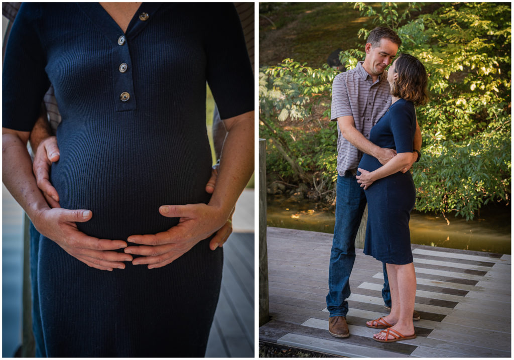 A collage of a pregnant woman and her husband embracing on a dock.