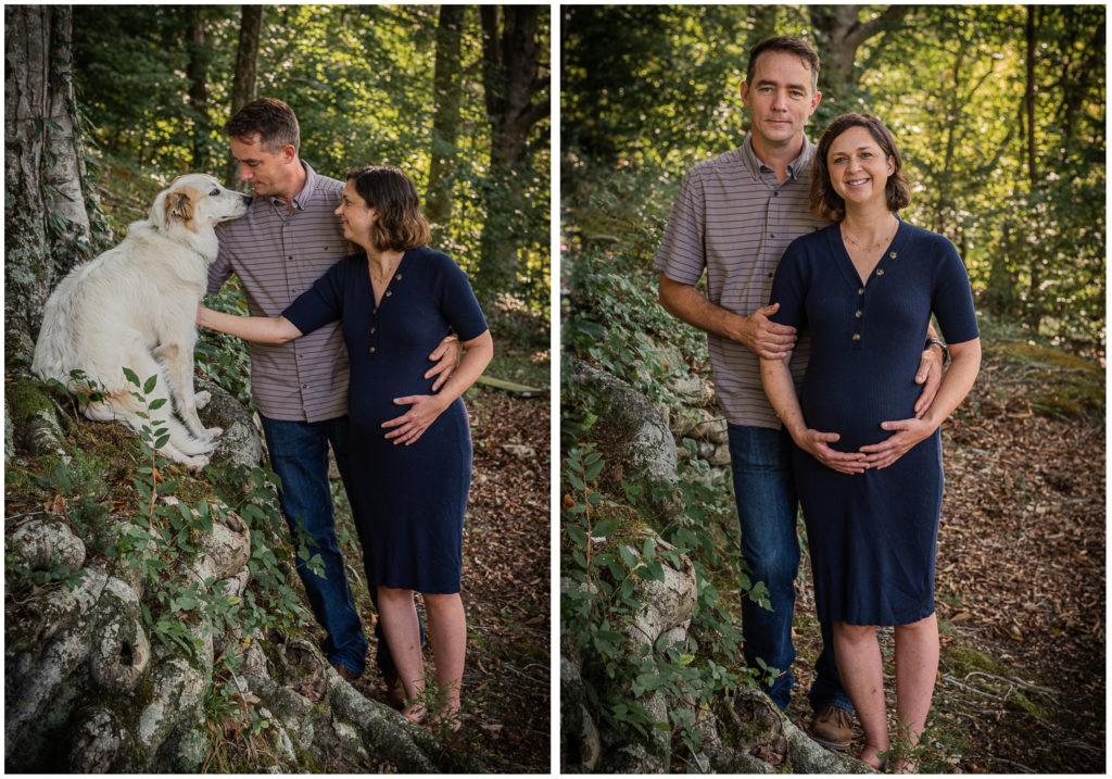A collage of a pregnant woman and her husband embracing in the woods.