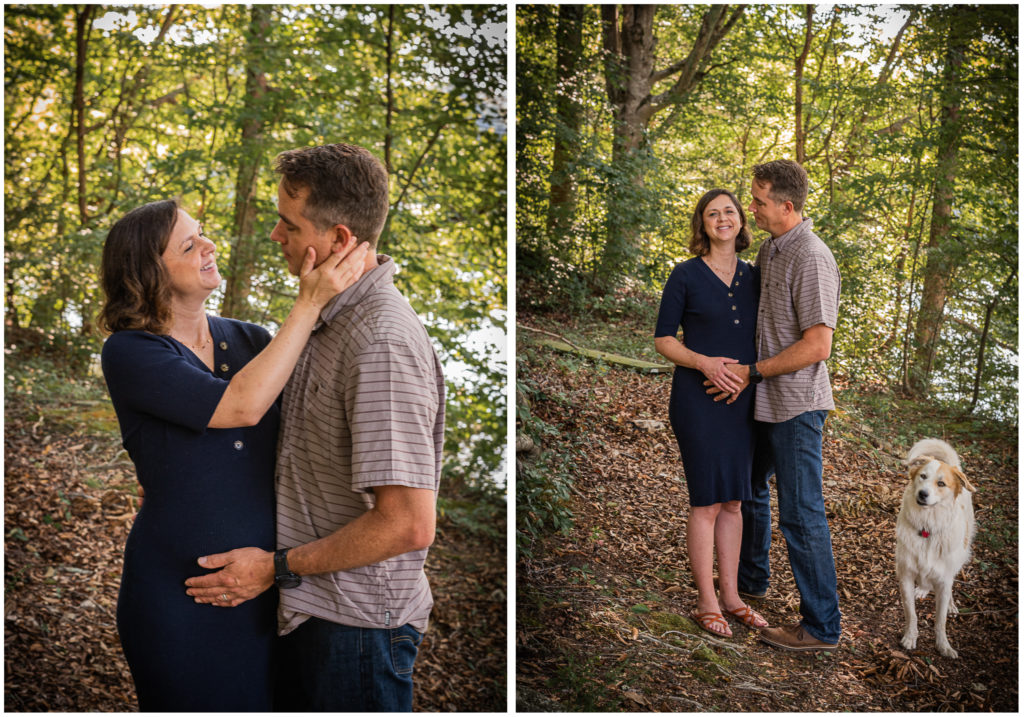 A collage of a pregnant woman and her husband embracing.