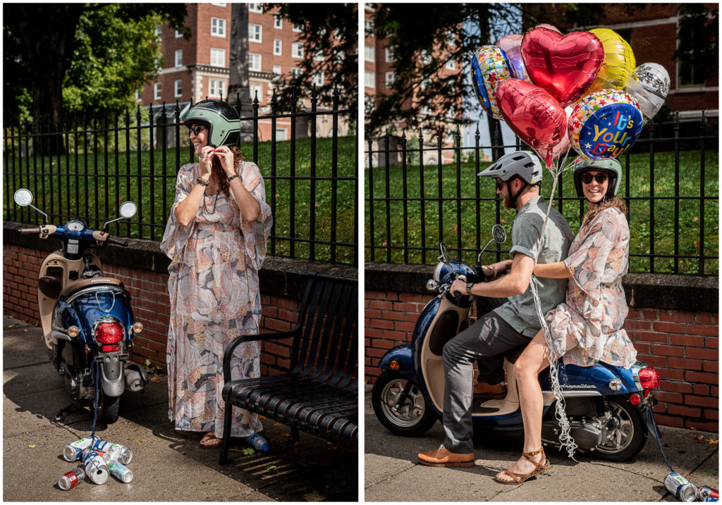 A couple that just eloped in Knoxville, TN, is getting ready to ride away on their scooter.