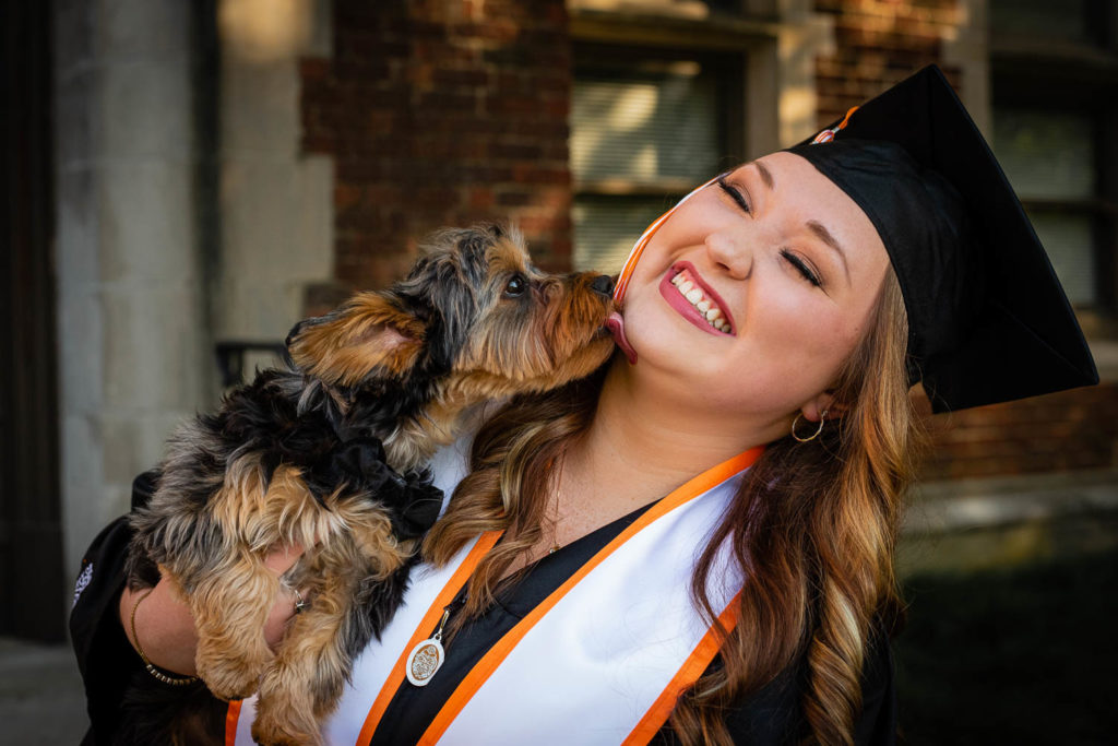 A UTK student at Morgan Hall with her dog.