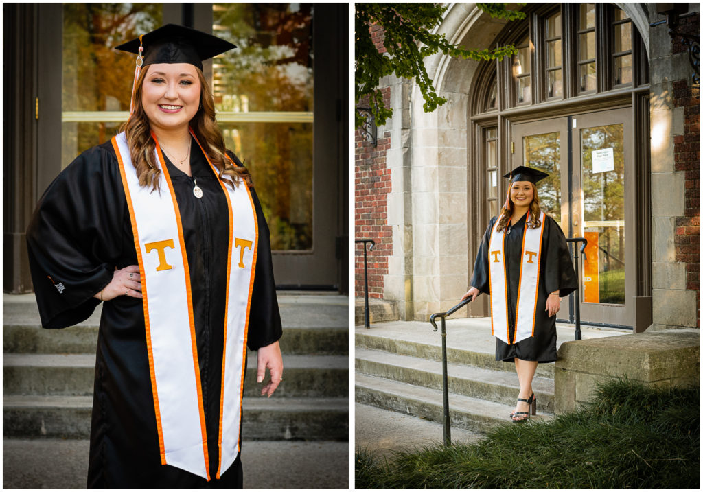 A UTK student poses in front of Morgan Hall for her graduation photos.
