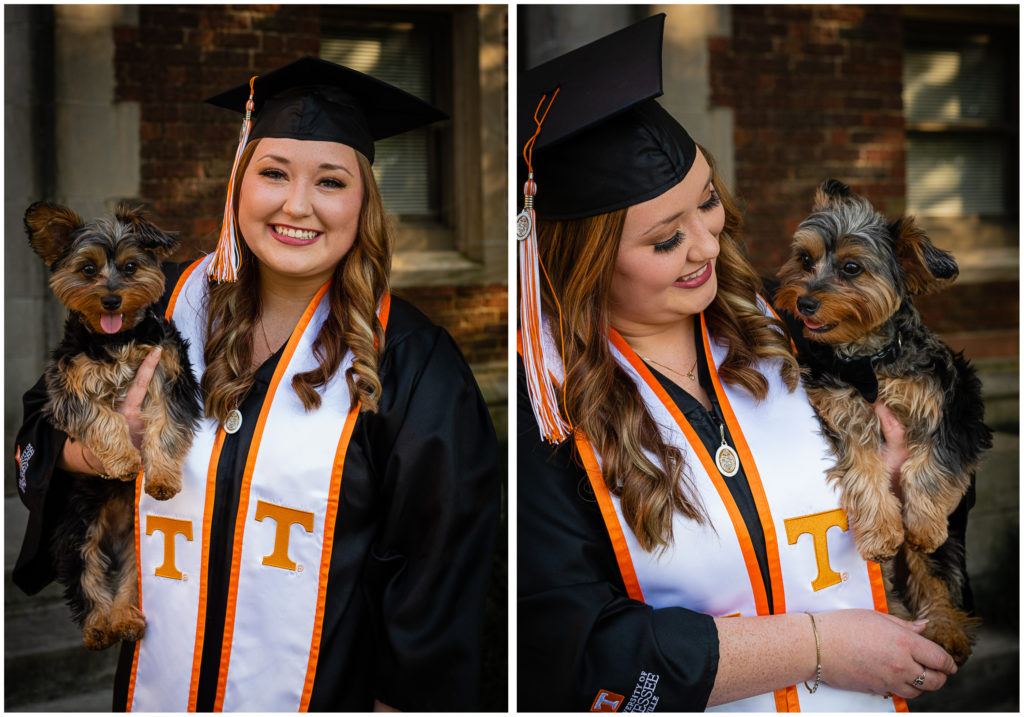 A UTK student at Morgan Hall with her dog for her graduation photos.
