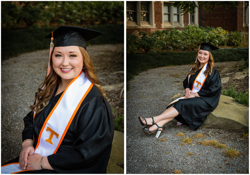 A UTK student sits in front of Morgan Hall for her graduation photos.