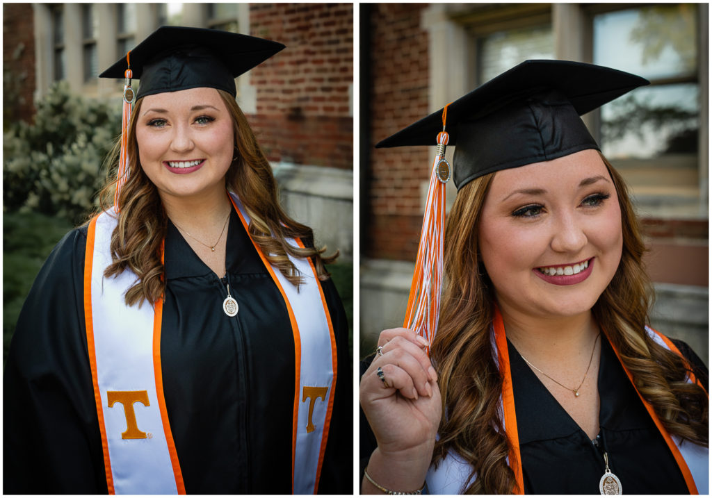 A UTK student at Morgan Hall for her graduation photos.