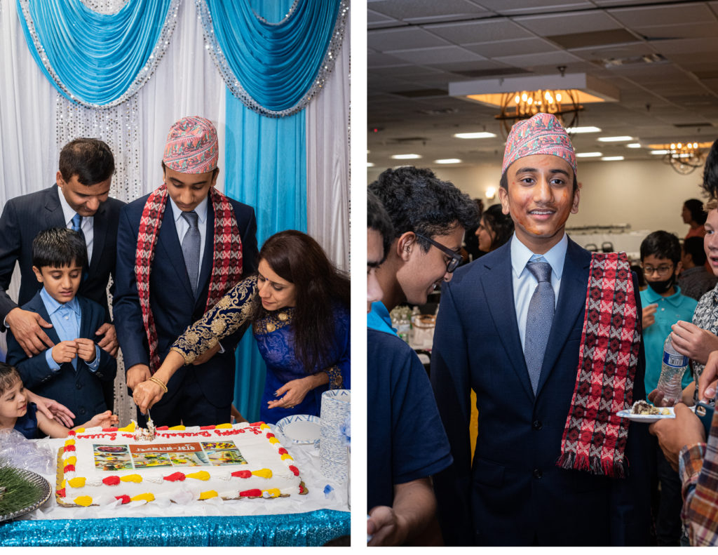 A collage of a family cutting a cake and a young man with icing on his face at his Bratabandha.