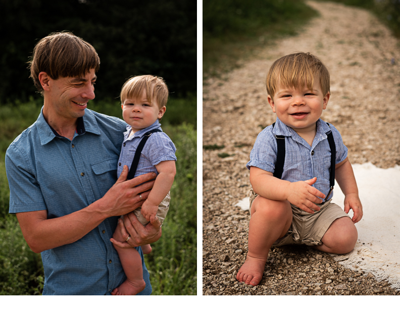 A collage of a dad holding his young son, and the son sitting on a dirt path.