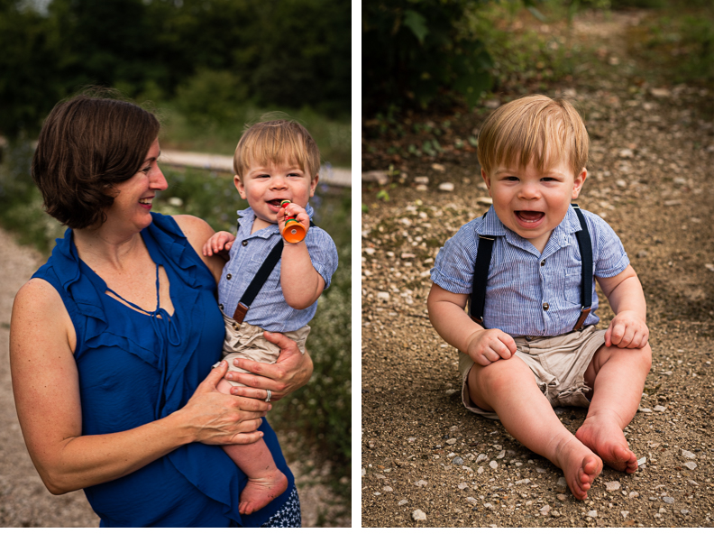 A collage of a mom and her one-year-old son, and the son sitting on a dirt path.