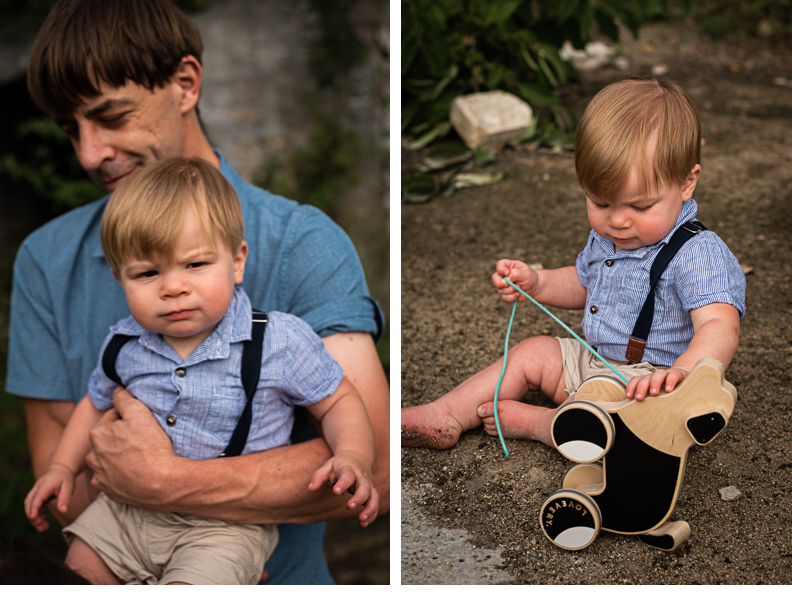 A collage of a man with his son and the boy sitting in the dirt playing with a wooden dog.