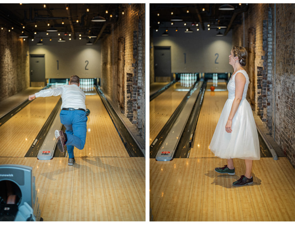 A collage of a man and woman bowling  at Maple Hall in downtown Knoxville in their wedding clothes.