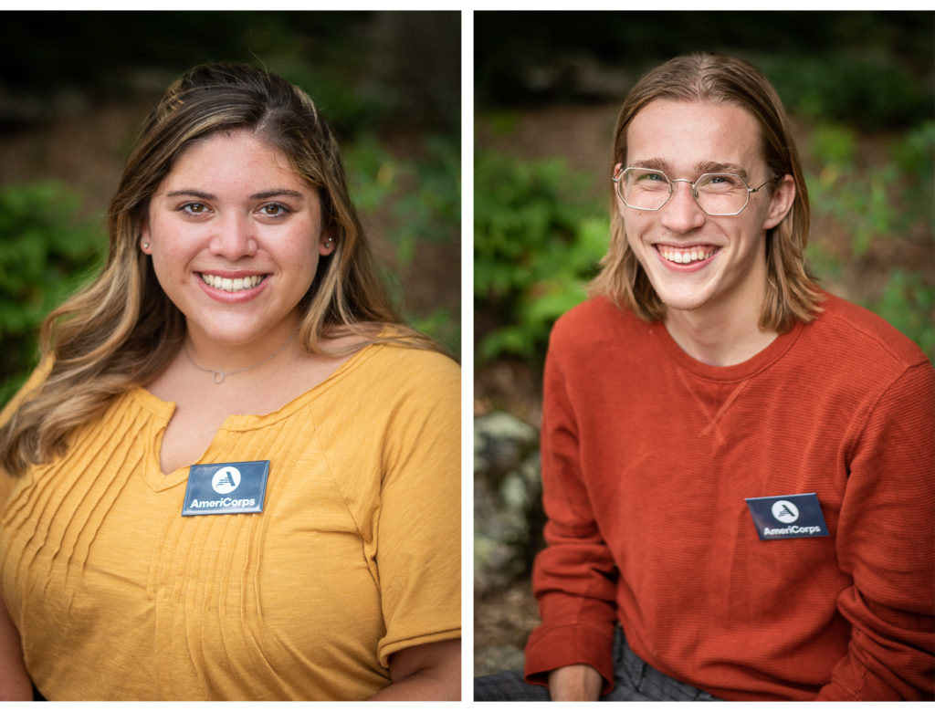 Male and female AmeriCorps members sitting at Knoxville Botanical Gardens for their headshots.