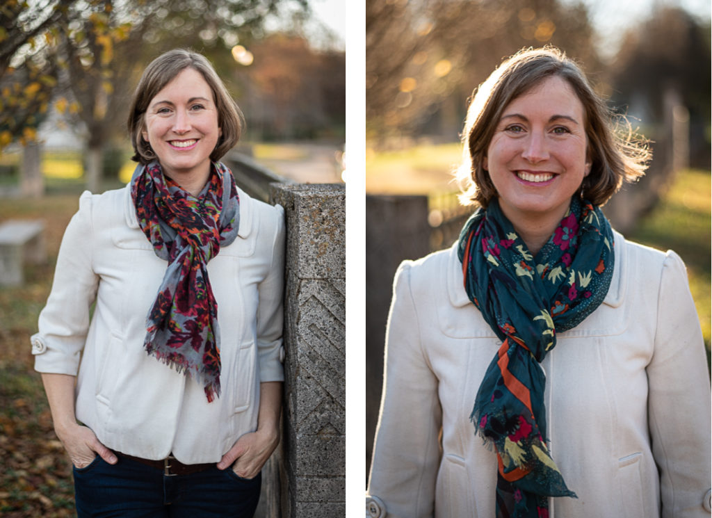 A collage of Amye Cole's professional headshots at Talahi Park in Knoxville.