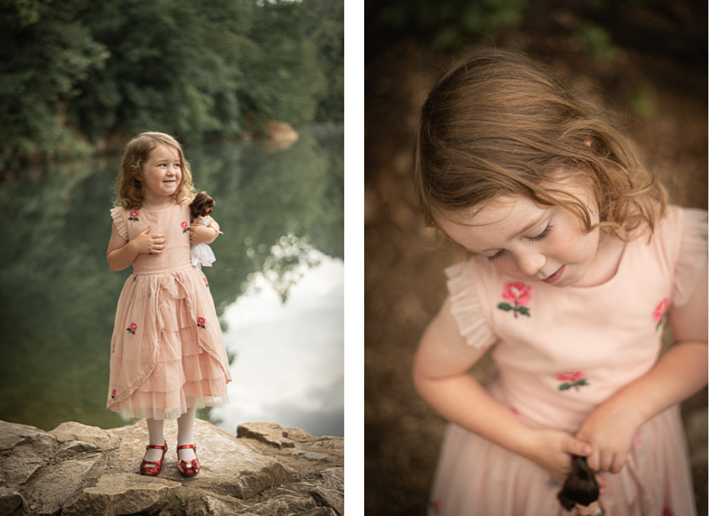 A collage of a little girl in a pink dress by a lake.