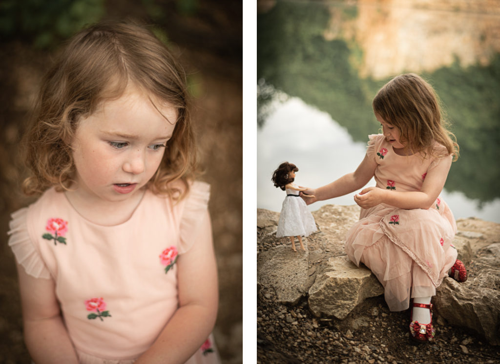A collage of a little girl in a pink dress playing with her dolls by a lake.