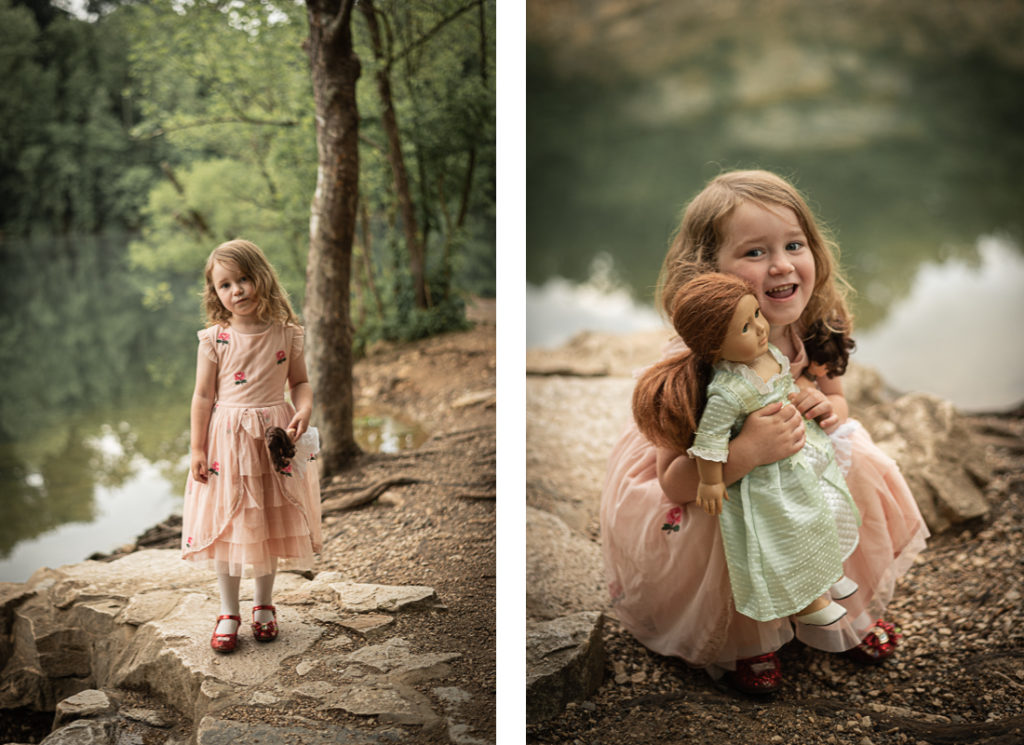 A collage of a little girl in a pink dress on a rocky shoreline by a lake.
