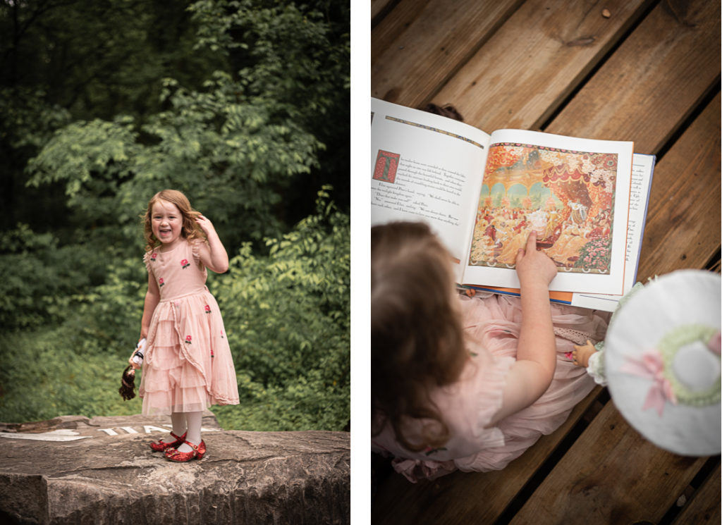 A collage of a little girl in a pink dress smiling and reading a book in the forest.