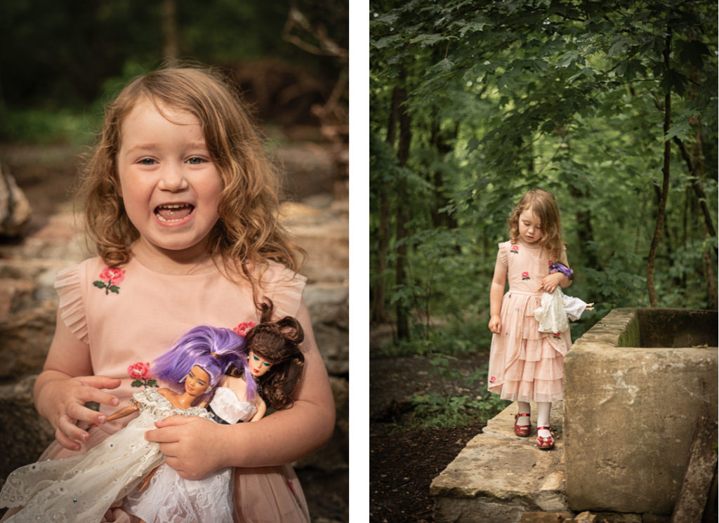A collage of a little girl in a pink dress with her dolls in the woods.