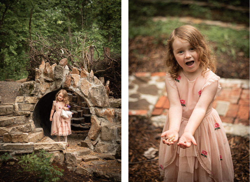 A collage of a little girl in a pink dress playing in a forested area.