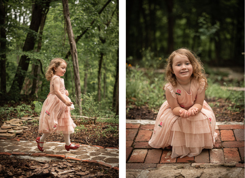A collage of a little girl in a pink dress smiling and running in the woods.
