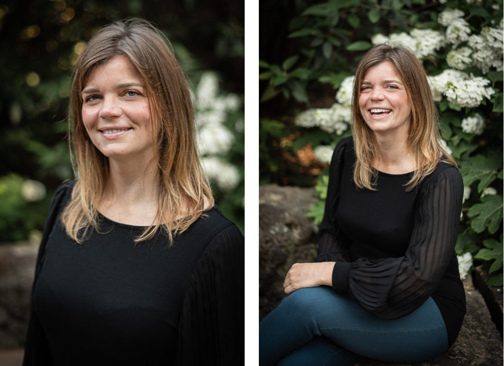A collage of headshots of a woman in a black blouse sitting on a boulder at Knoxville Botanical Gardens.