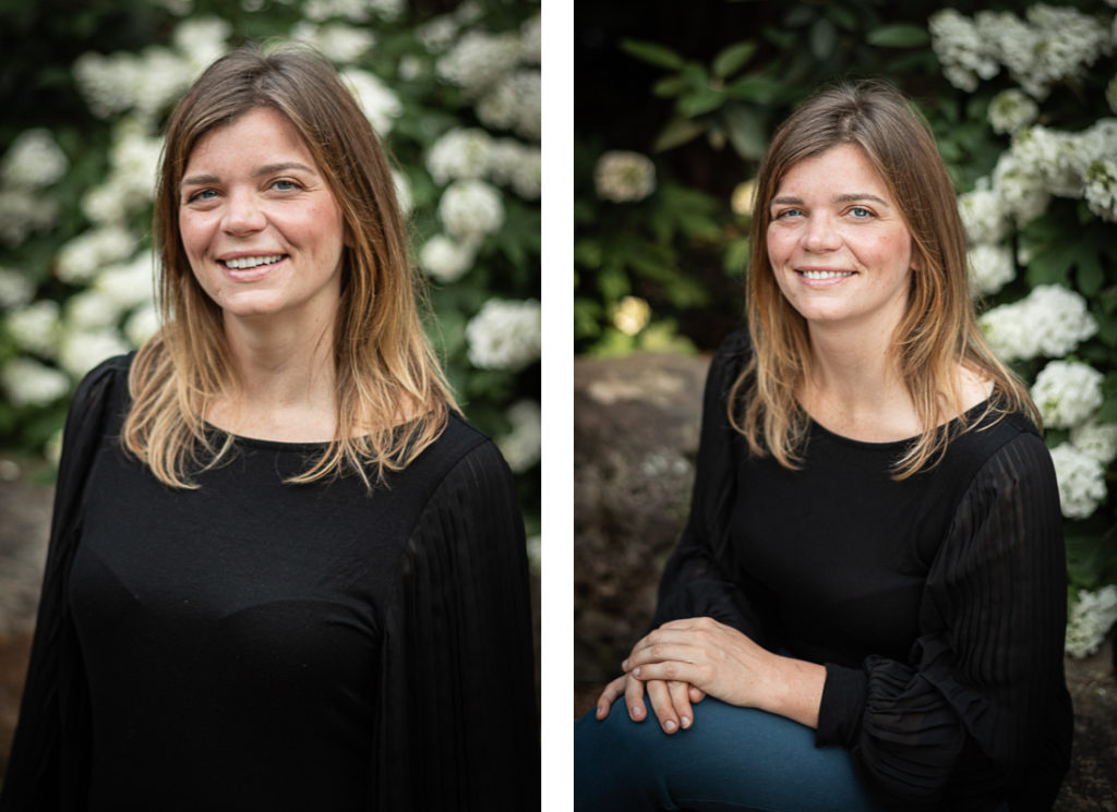 A collage of headshots of a woman in a black blouse in a lush garden at Knoxville Botanical Gardens.