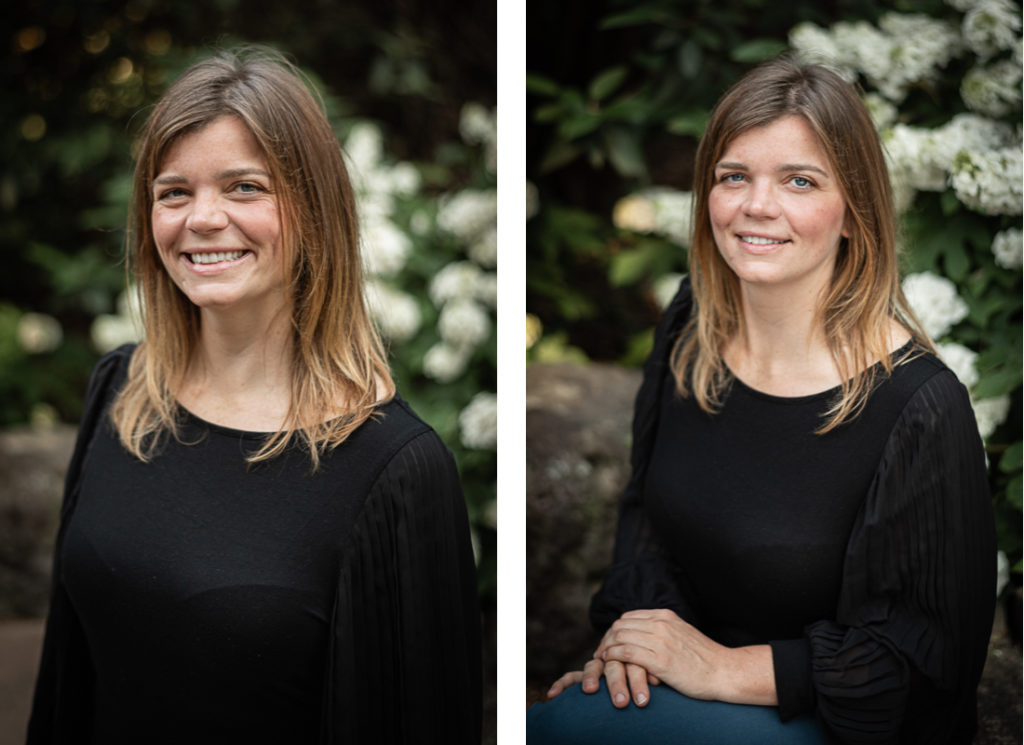 A collage of headshots of a woman in a black blouse in front of a blooming hydrangea at Knoxville Botanical Gardens.