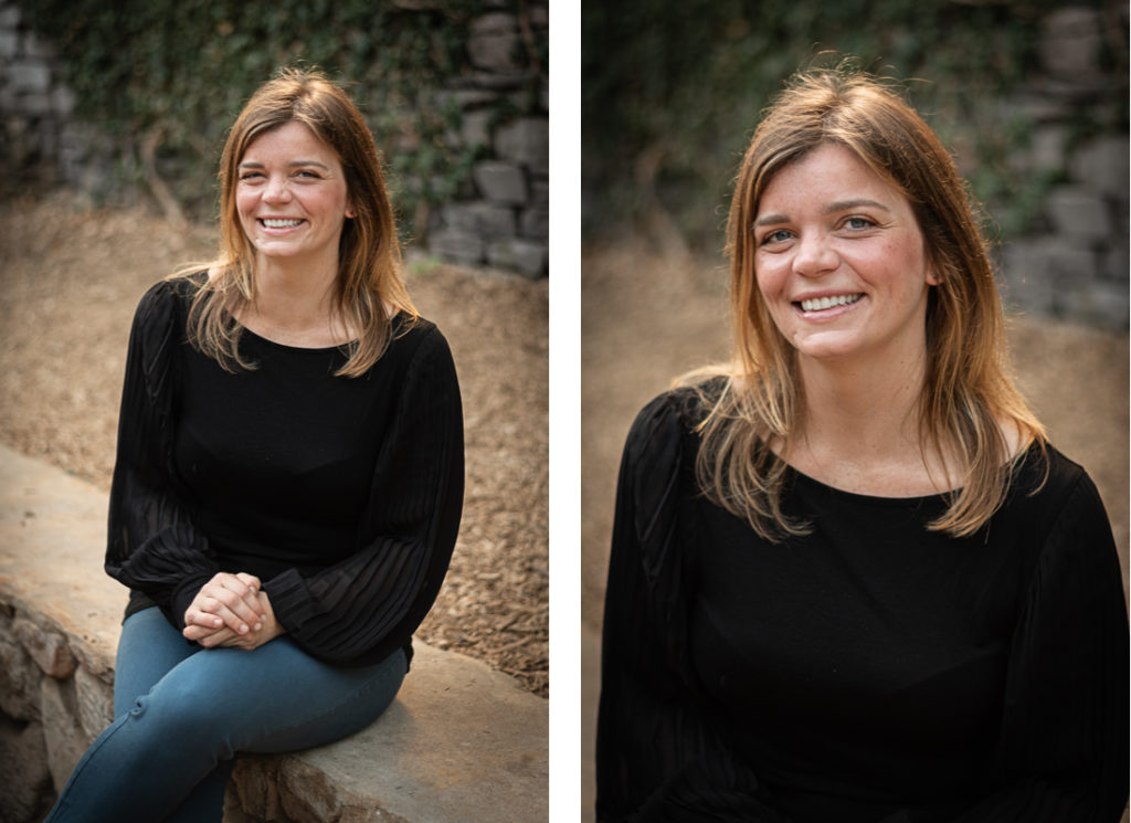 A collage of headshots of a woman in a black blouse in front of a wall of ivy at Knoxville Botanical Gardens.