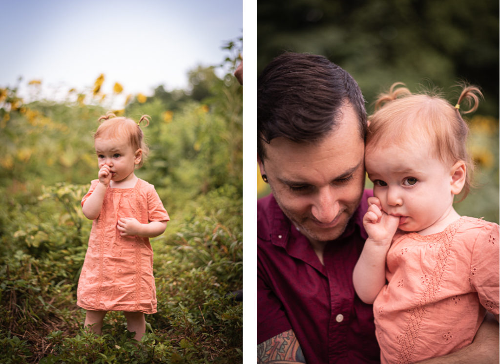 A collage of a young father and his toddler in a sunflower field.