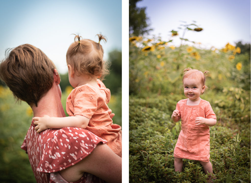 A collage of a young mother and her toddler in a sunflower field.