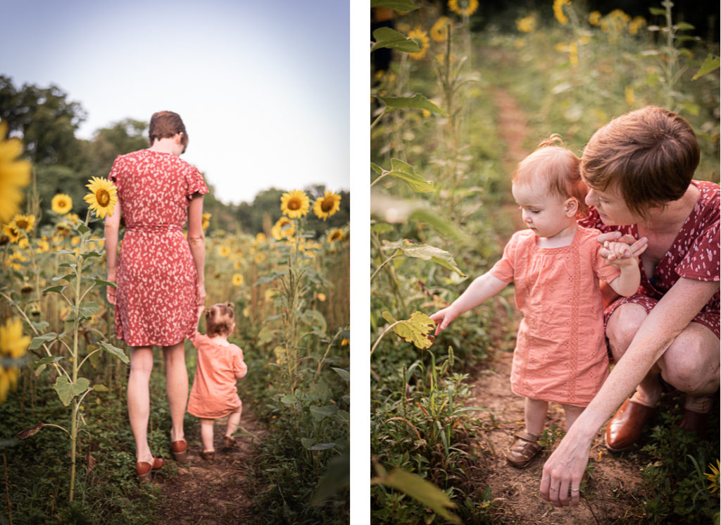 A collage of a young mother playing with her toddler in a sunflower field.