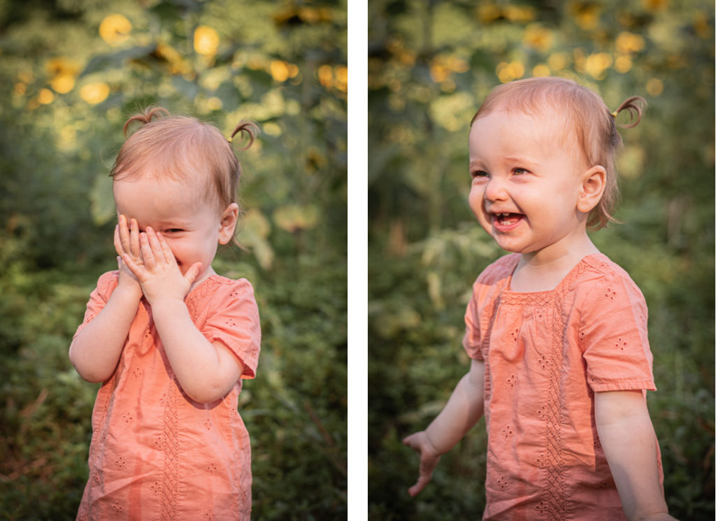 A collage of a toddler standing and smiling in a sunflower field.
