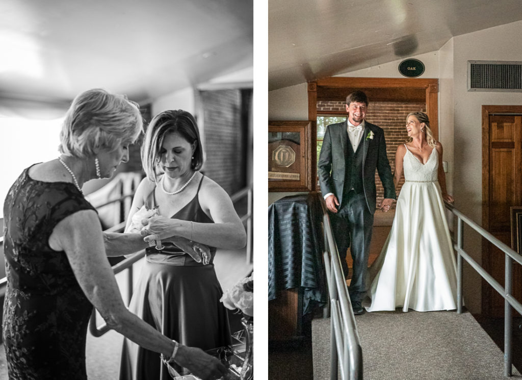 A collage from a wedding at the historic Foundry on the Fair Site of attendants getting ready with the bride and groom.