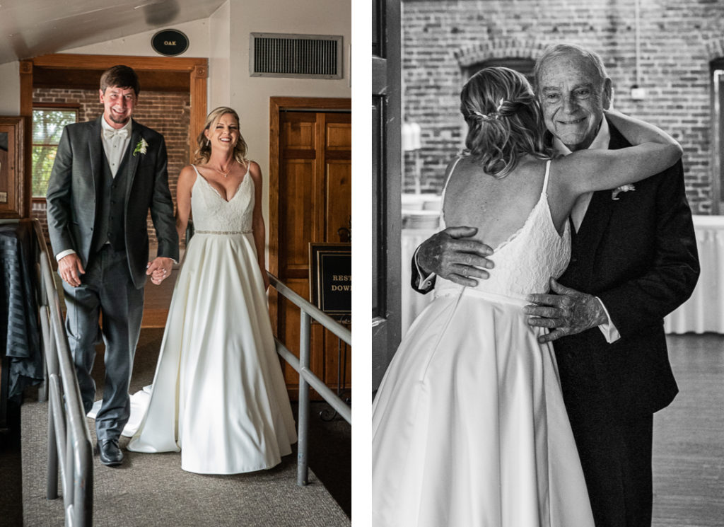 A collage from a wedding at the historic Foundry on the Fair Site of the bride and groom.