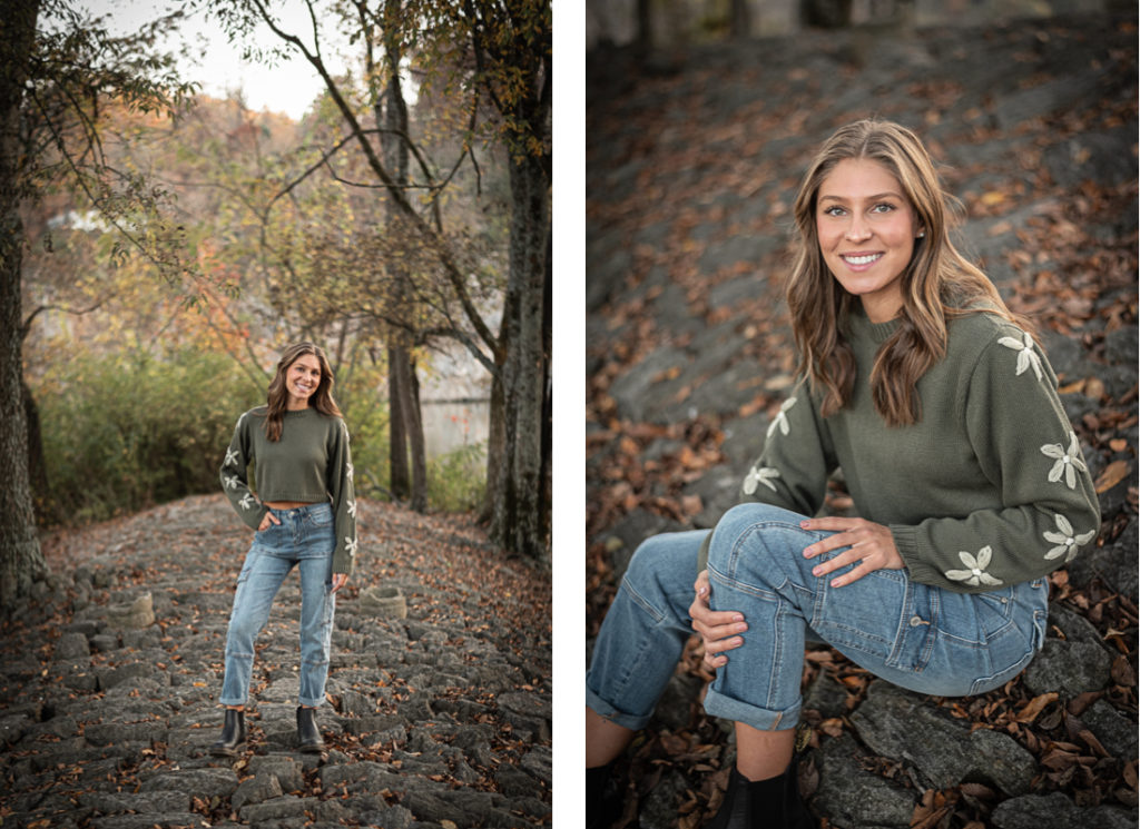 A female student poses for senior portraits at Sequoyah Park in Knoxville.