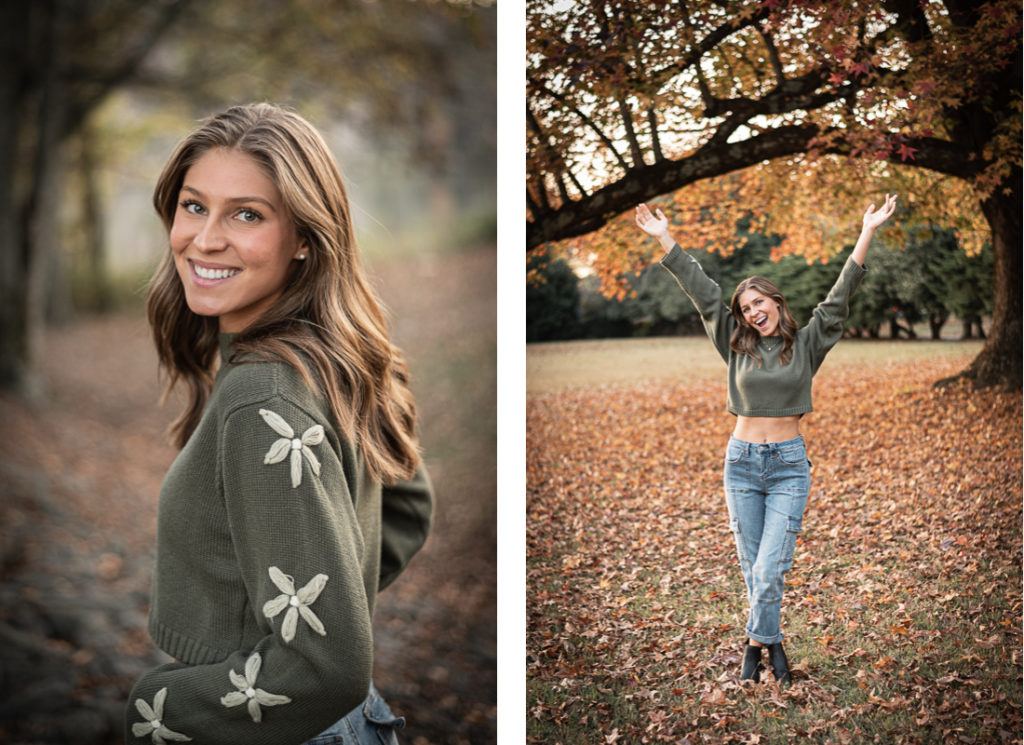 A female student poses for senior portraits under a tree at Sequoyah Park in Knoxville.